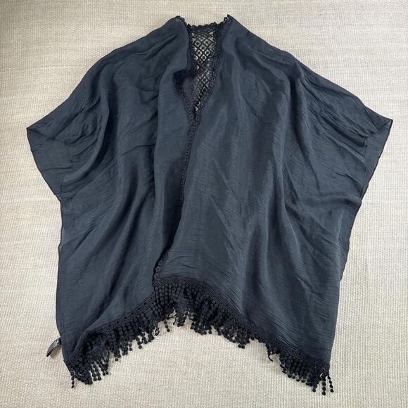 Black Fairy Goth Crochet Lace Trim Kimono Robe Cover up Shawl w/ Fringe One Size - Picture 6 of 8